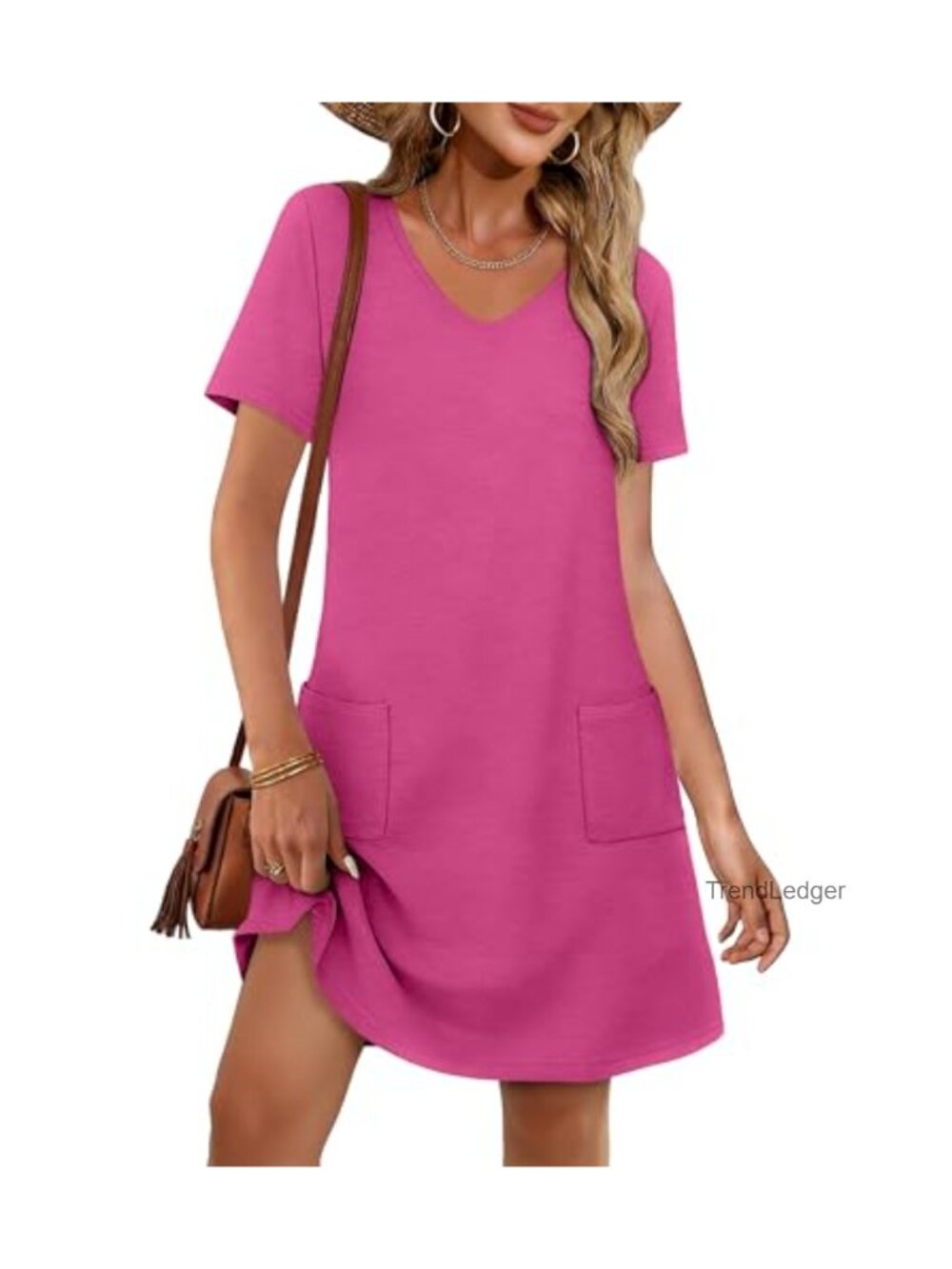 V Neck T Shirt Sundress with Pockets Short Sleeve Knee Length Casual Dress